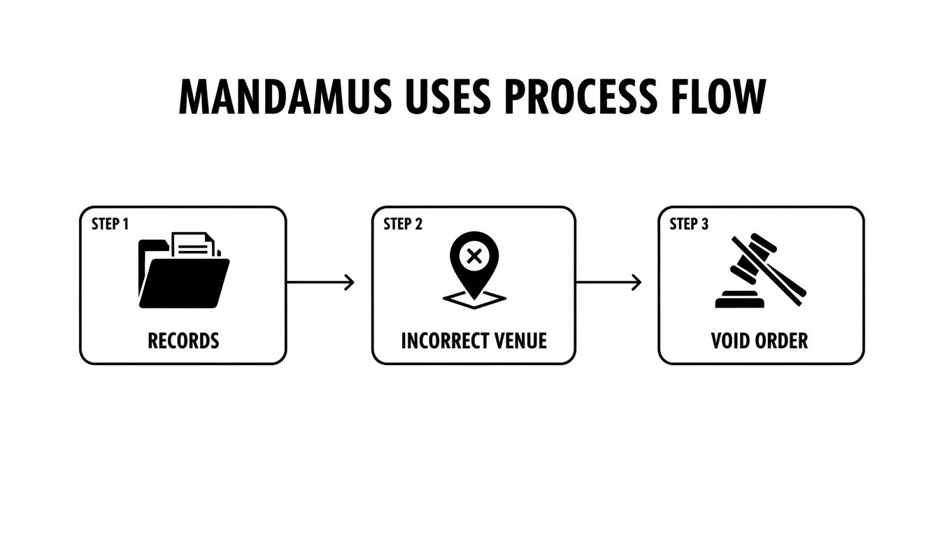 A process flow diagram illustrates Mandamus steps: Records, Incorrect Venue, and Void Order.