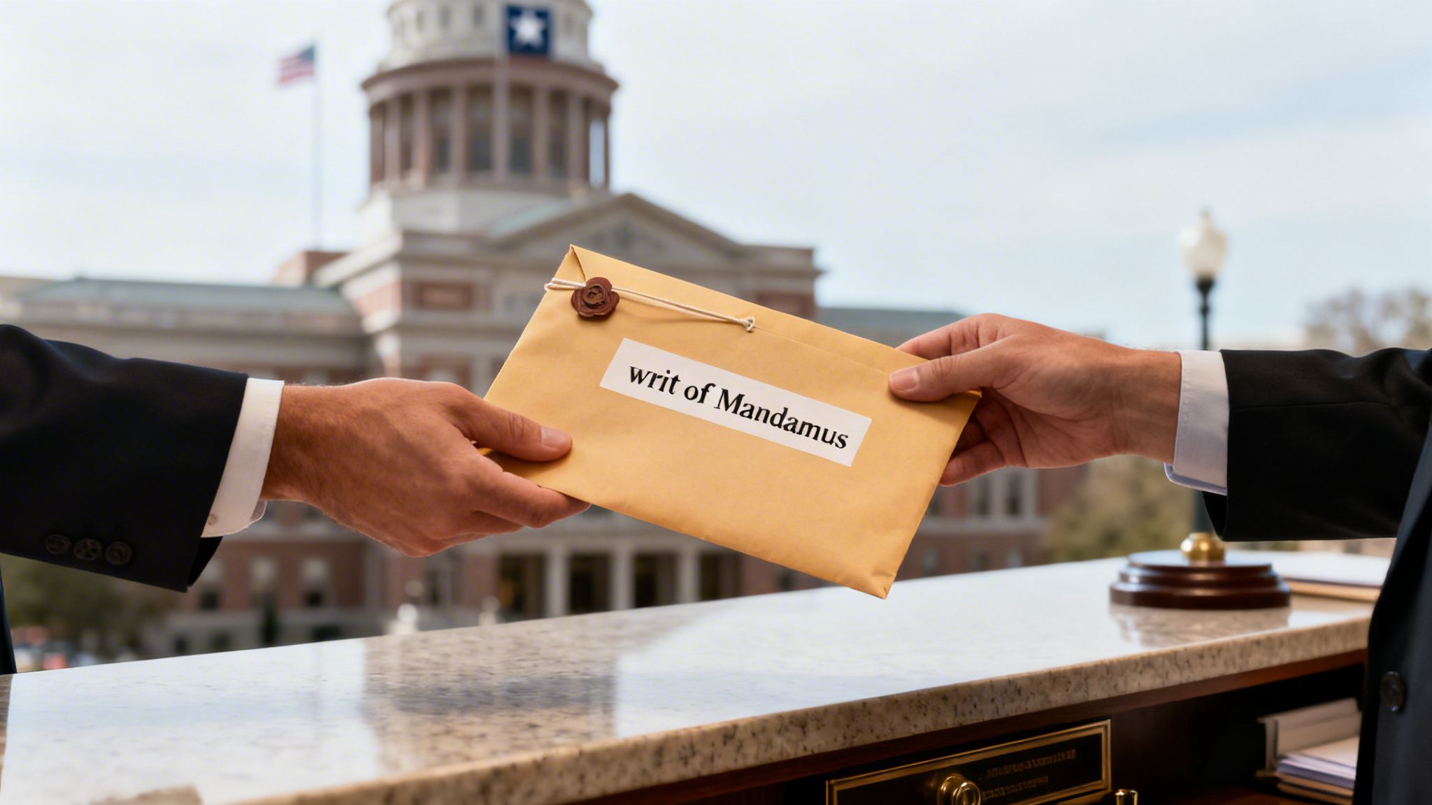 Hands exchanging a 'writ of Mandamus' envelope in front of a government building, symbolizing legal action.