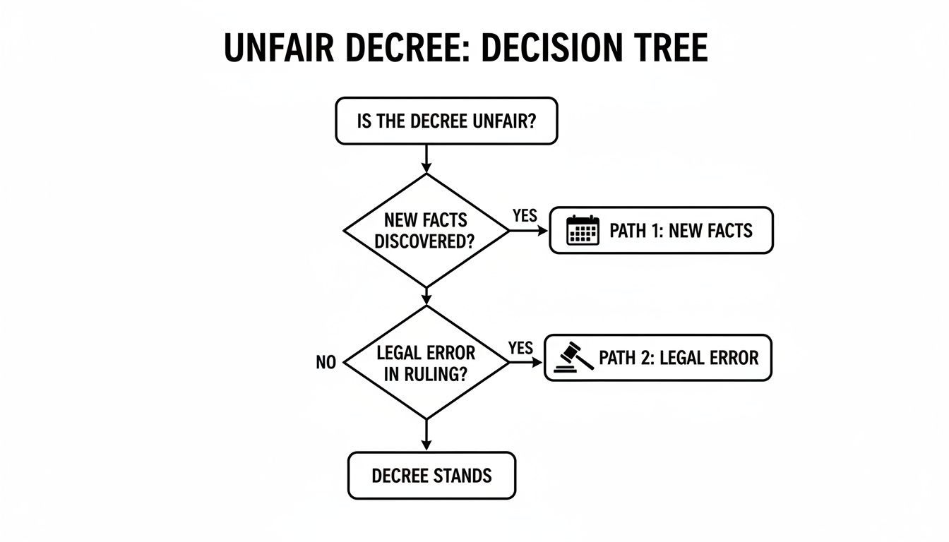 Flowchart showing a decision tree for an unfair decree, exploring paths for new facts or legal error.