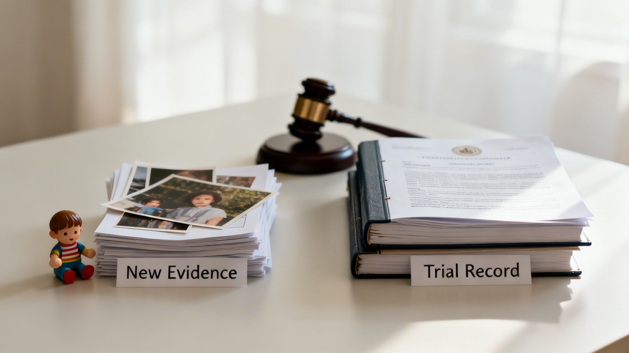 A judge's gavel sits between new evidence photos and a trial record, next to a child's figurine.
