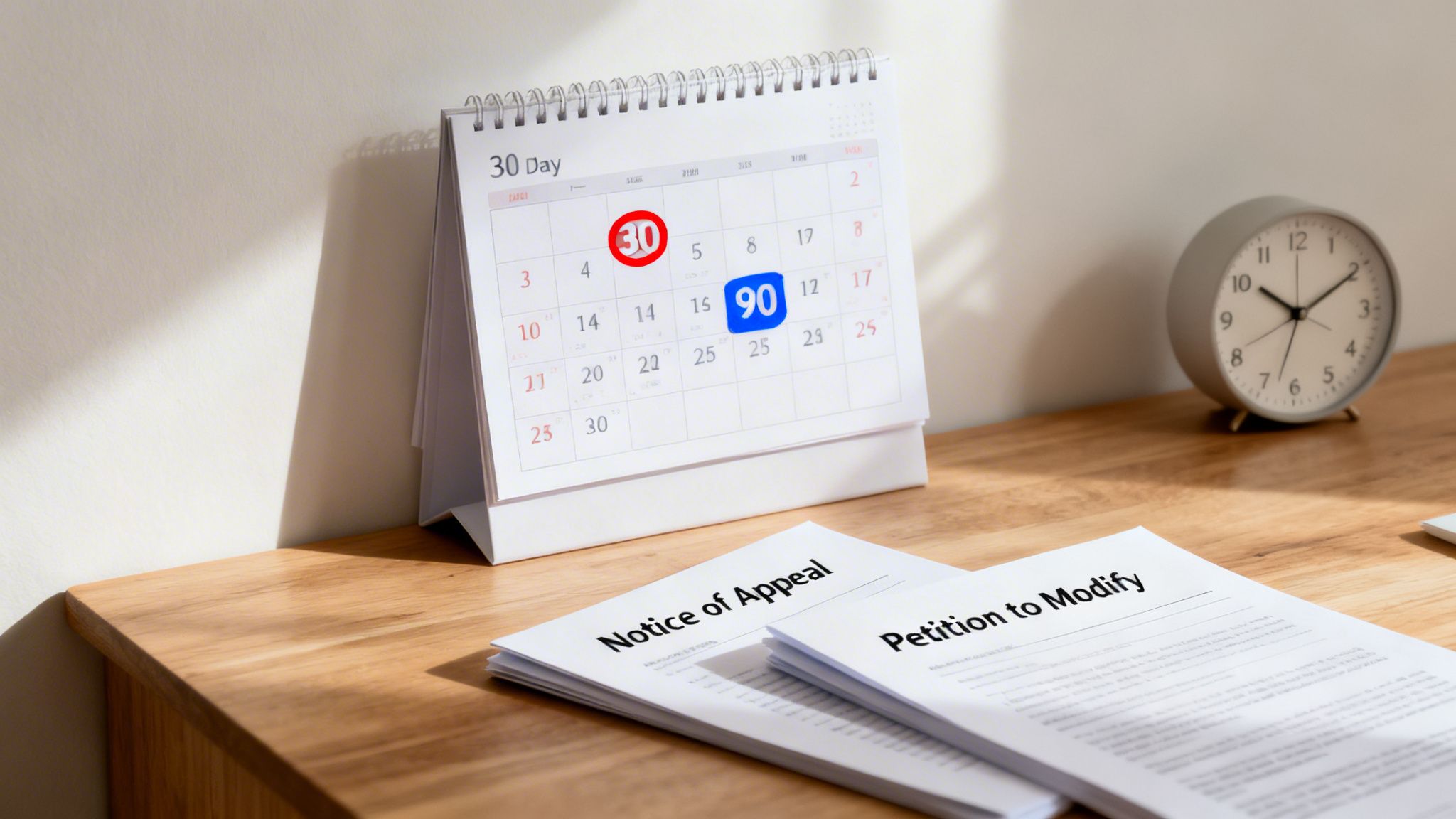 Desk with a calendar highlighting 30 and 90 days, next to 'Notice of Appeal' and 'Petition to Modify' documents.