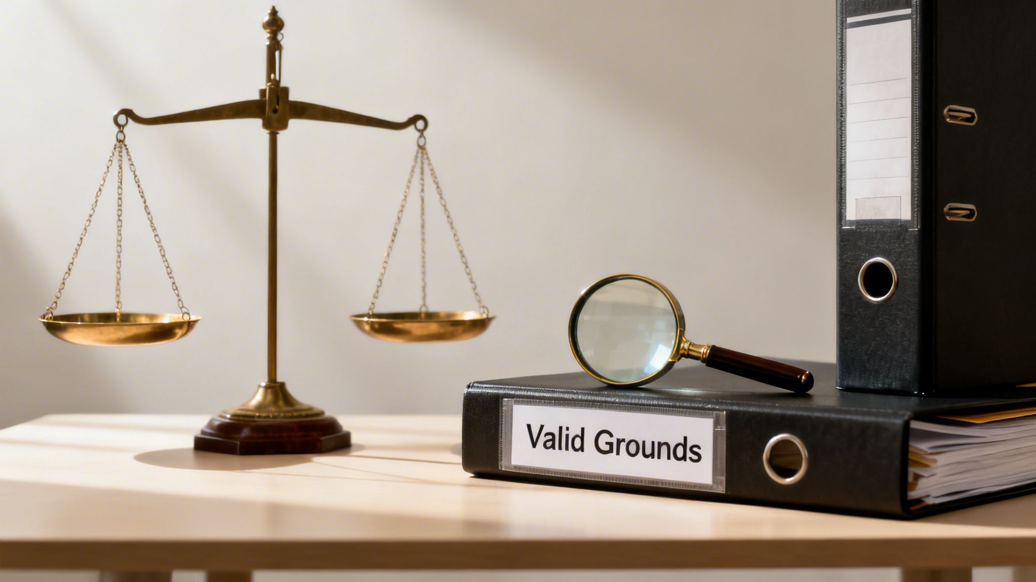 A scale of justice, magnifying glass, and binders labeled 'Valid Grounds' on a desk, symbolizing legal investigation.