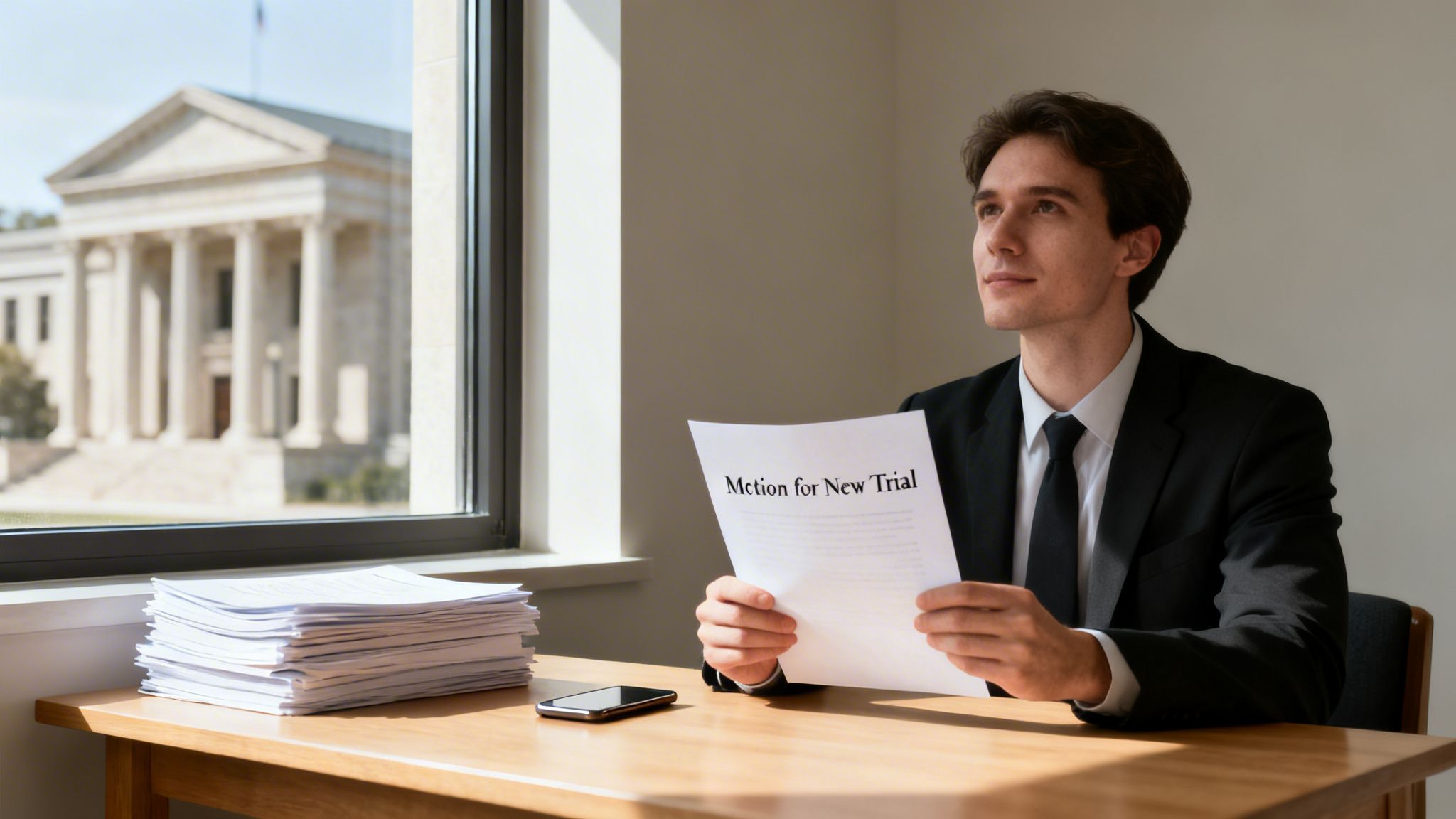 Young lawyer holding "Motion for New Trial" document, looking thoughtfully at a courthouse from office window.