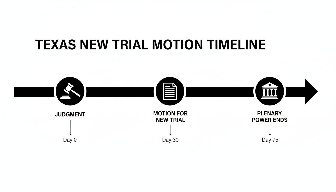 Texas legal timeline illustrating key dates for new trial motion process and plenary power.