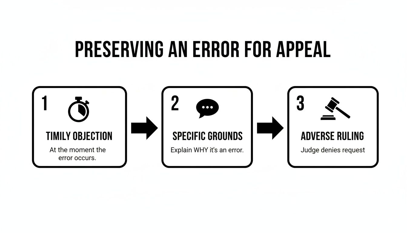 Flowchart showing three steps to preserve an error for appeal: timely objection, specific grounds, and adverse ruling.
