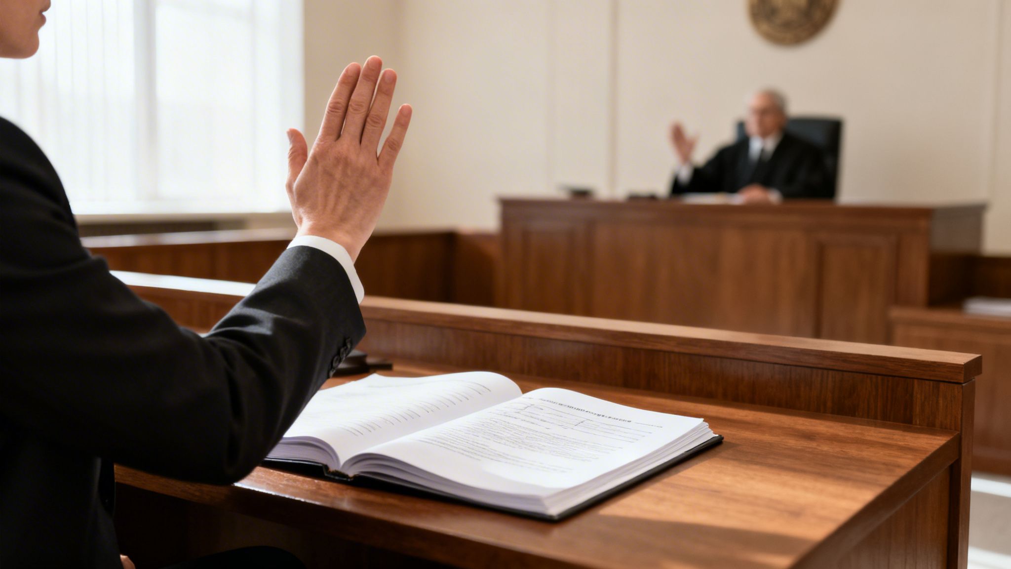 A witness or lawyer with a raised hand taking an oath in a courtroom, a judge in background.
