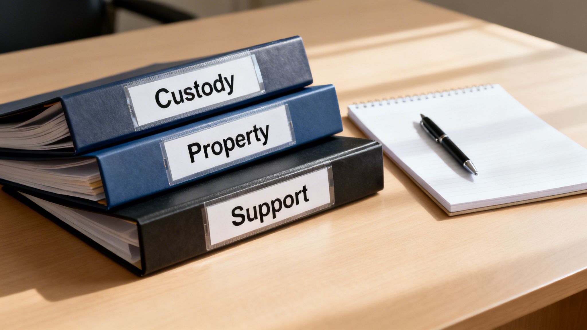 Three binders labeled "Custody," "Property," "Support" on a desk with a notepad and pen.
