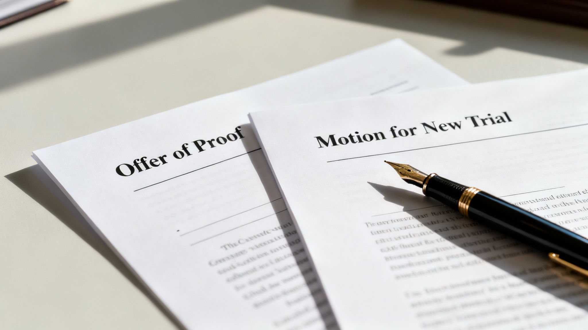 Close-up of two legal documents, 'Offer of Proof' and 'Motion for New Trial', with a fountain pen.
