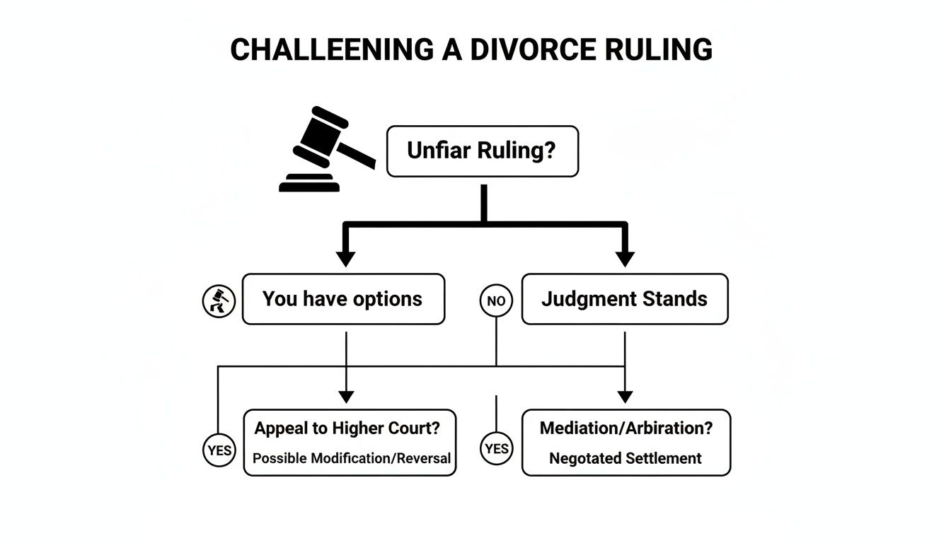 Flowchart illustrating options for challenging an unfair divorce ruling, including appeal or mediation.