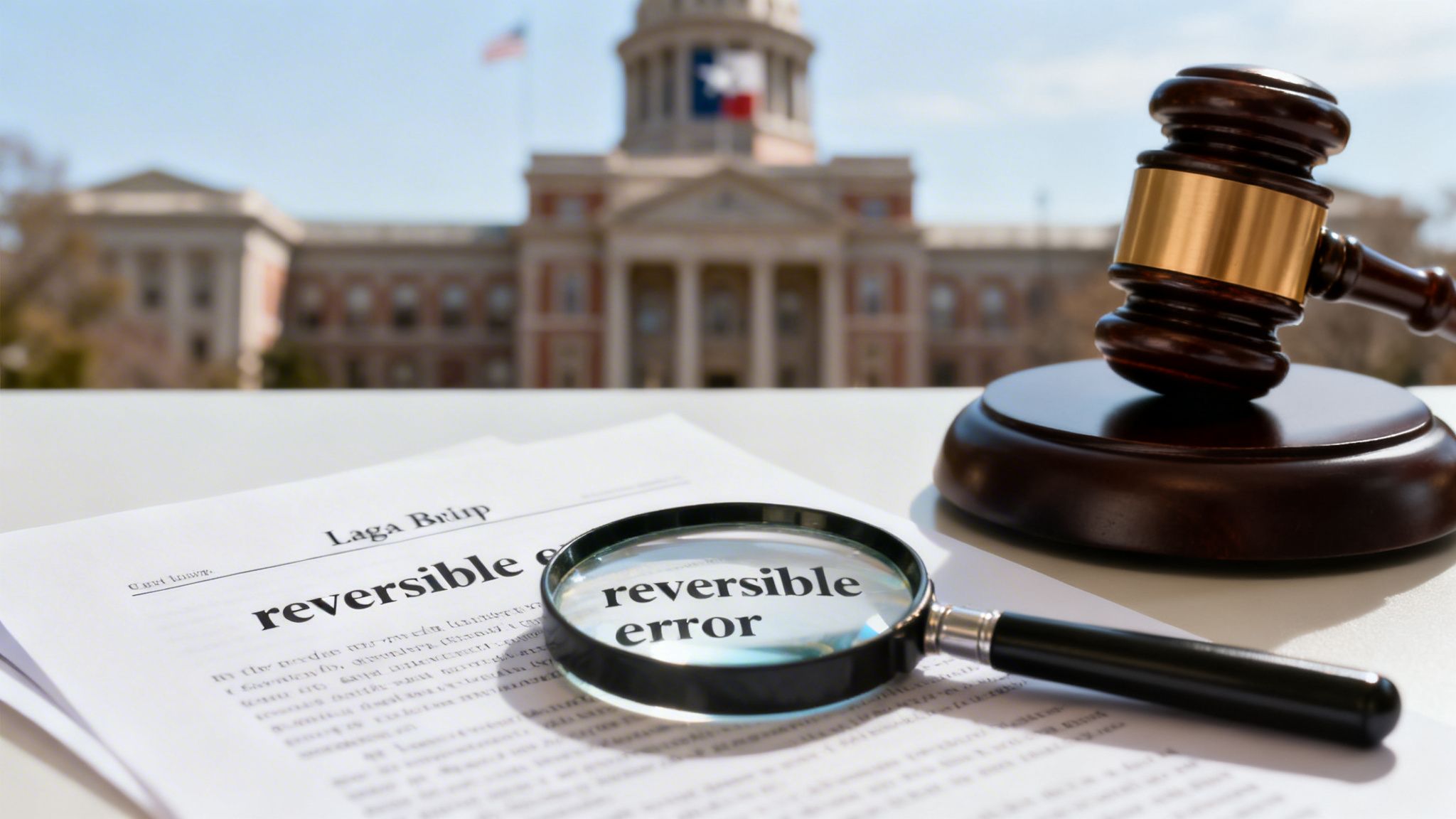 A judge's gavel, magnifying glass, and legal document discussing a "reversible error" in front of a capitol building.