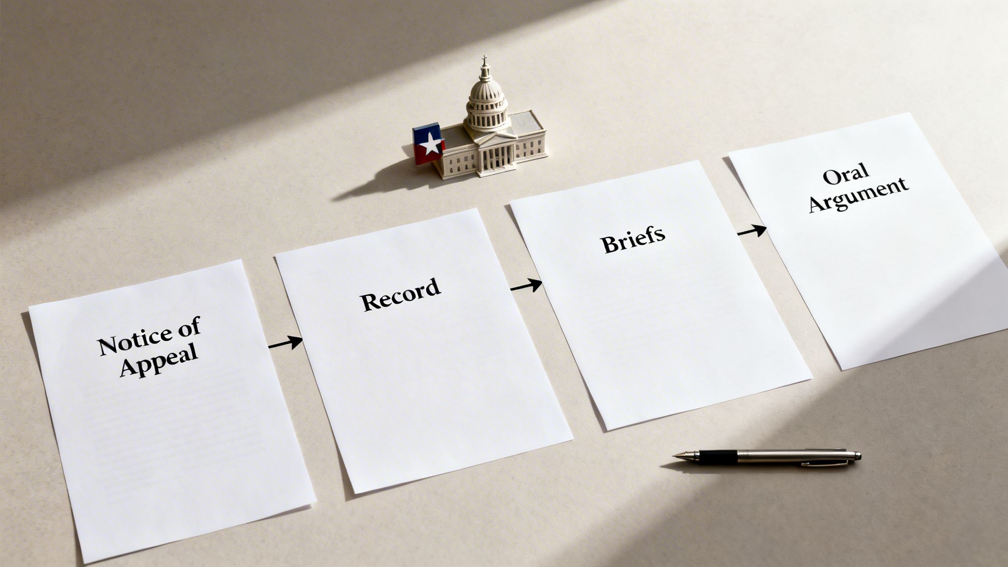 A legal process flow with documents for notice of appeal, record, briefs, and oral argument, alongside a Texas Capitol model.