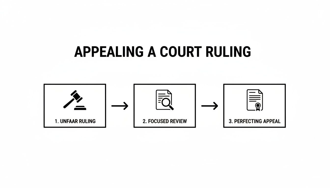 A flowchart outlines three steps for appealing a court ruling: Unfaar Ruling, Focused Review, Perfecting Appeal.