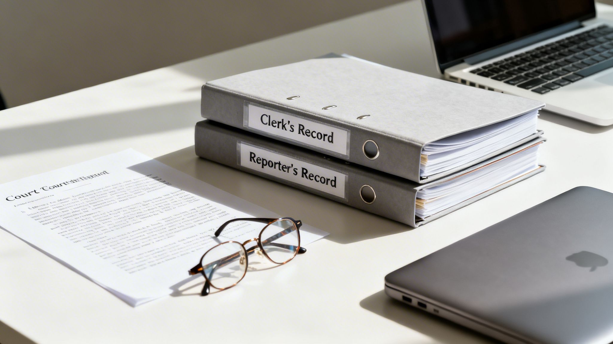 A desk with legal documents, binders labeled 'Clerk's Record' and 'Reporter's Record', glasses, and laptops.