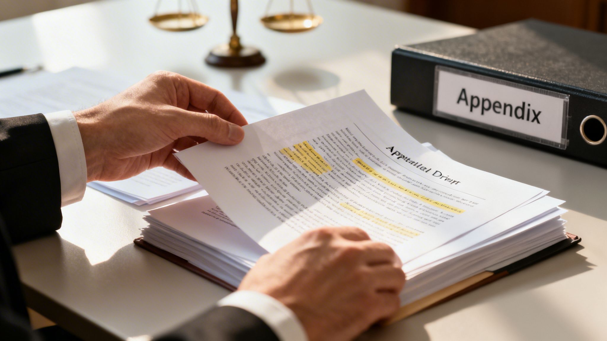 A person in a suit reviews legal documents with highlighted text, an 'Appendix' binder, and scales of justice.
