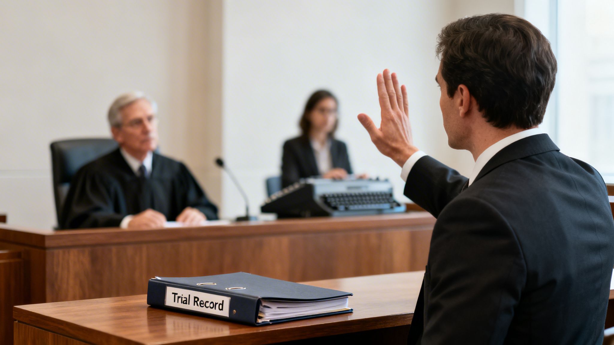 Witness taking an oath in a courtroom, with a judge presiding and a 'Trial Record' file.