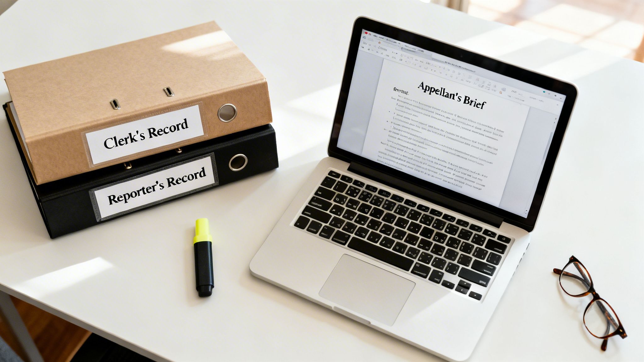 A legal workstation with binders labeled 'Clerk's Record' and 'Reporter's Record', a laptop displaying an 'Appellant's Brief', a highlighter, and reading glasses on a white desk.