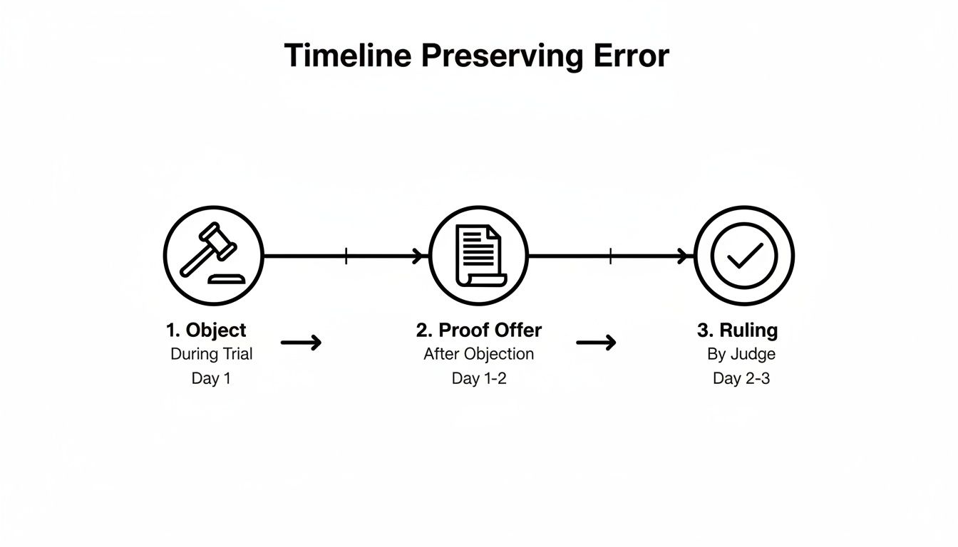 Timeline flowchart illustrating the legal steps of an objection, proof offer, and judicial ruling over several days.