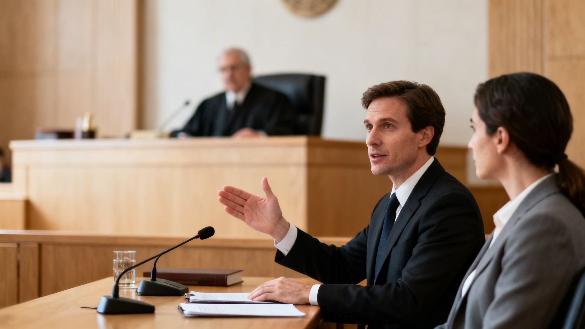 A male lawyer speaking and gesturing in a courtroom, with a female colleague and judge in the background.