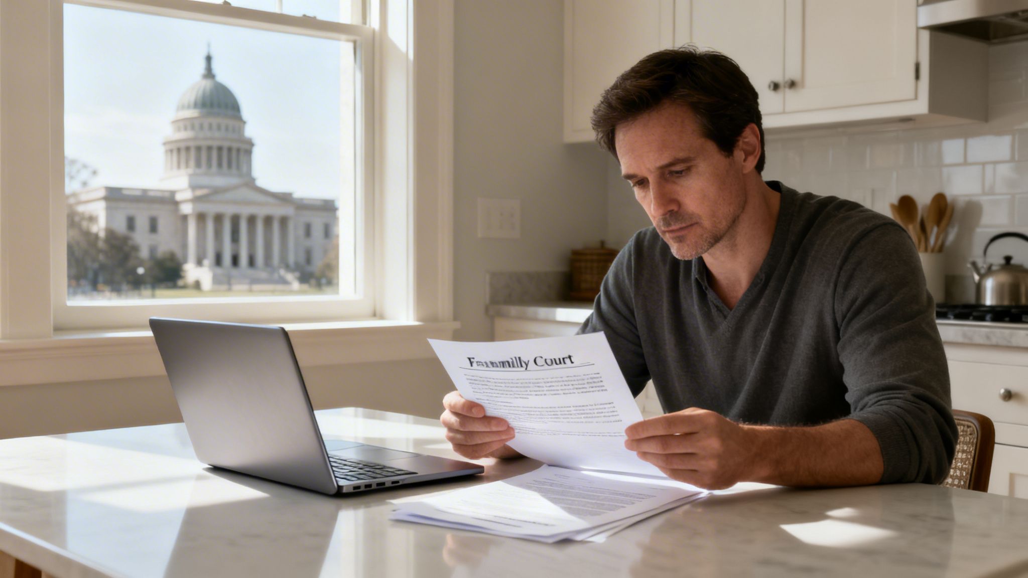 Man studying 'Family Court' documents at a table with a laptop and a capitol building in the background.