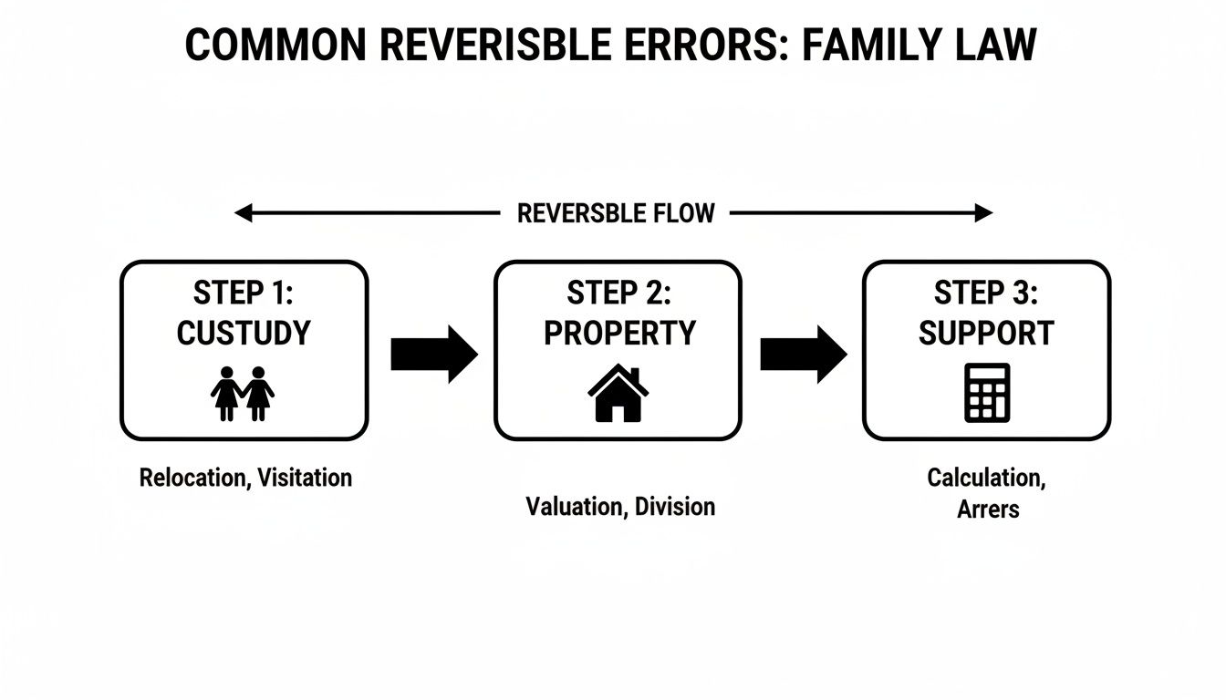 Flowchart illustrating common reversible errors in family law, covering custody, property, and support steps.