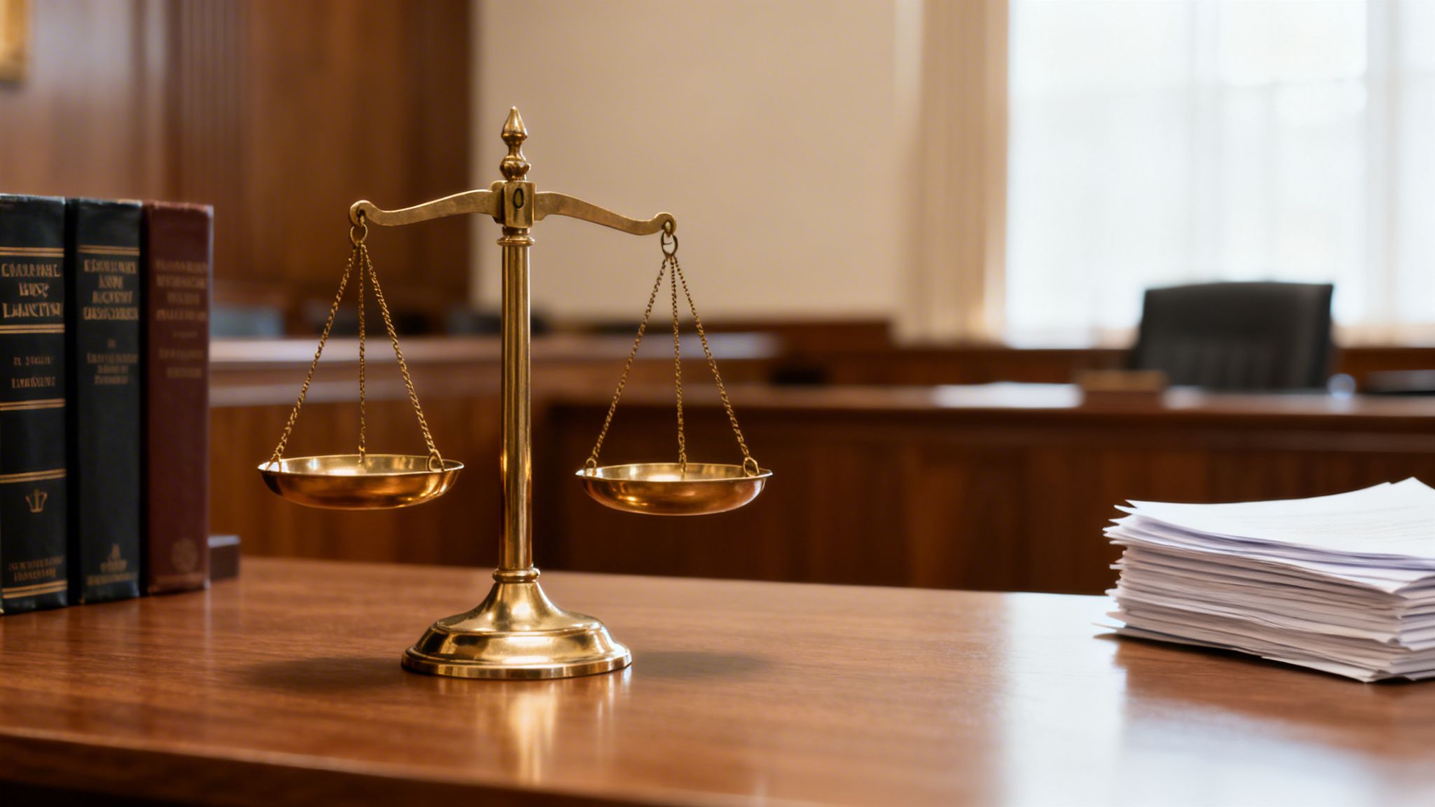 Golden scales of justice on a wooden desk with law books and court documents.