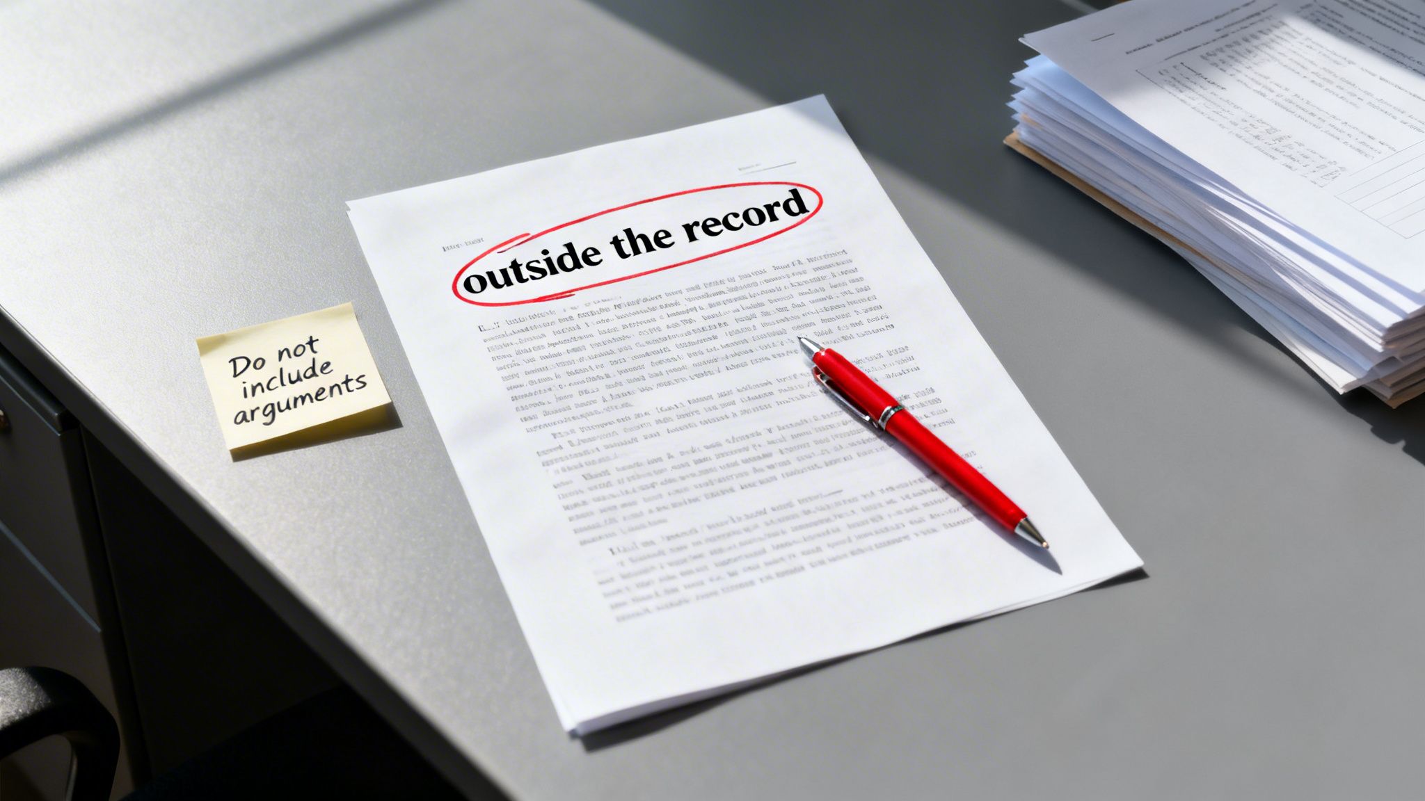 Legal document showing 'outside the record' circled, a red pen, and a sticky note warning 'Do not include arguments'.