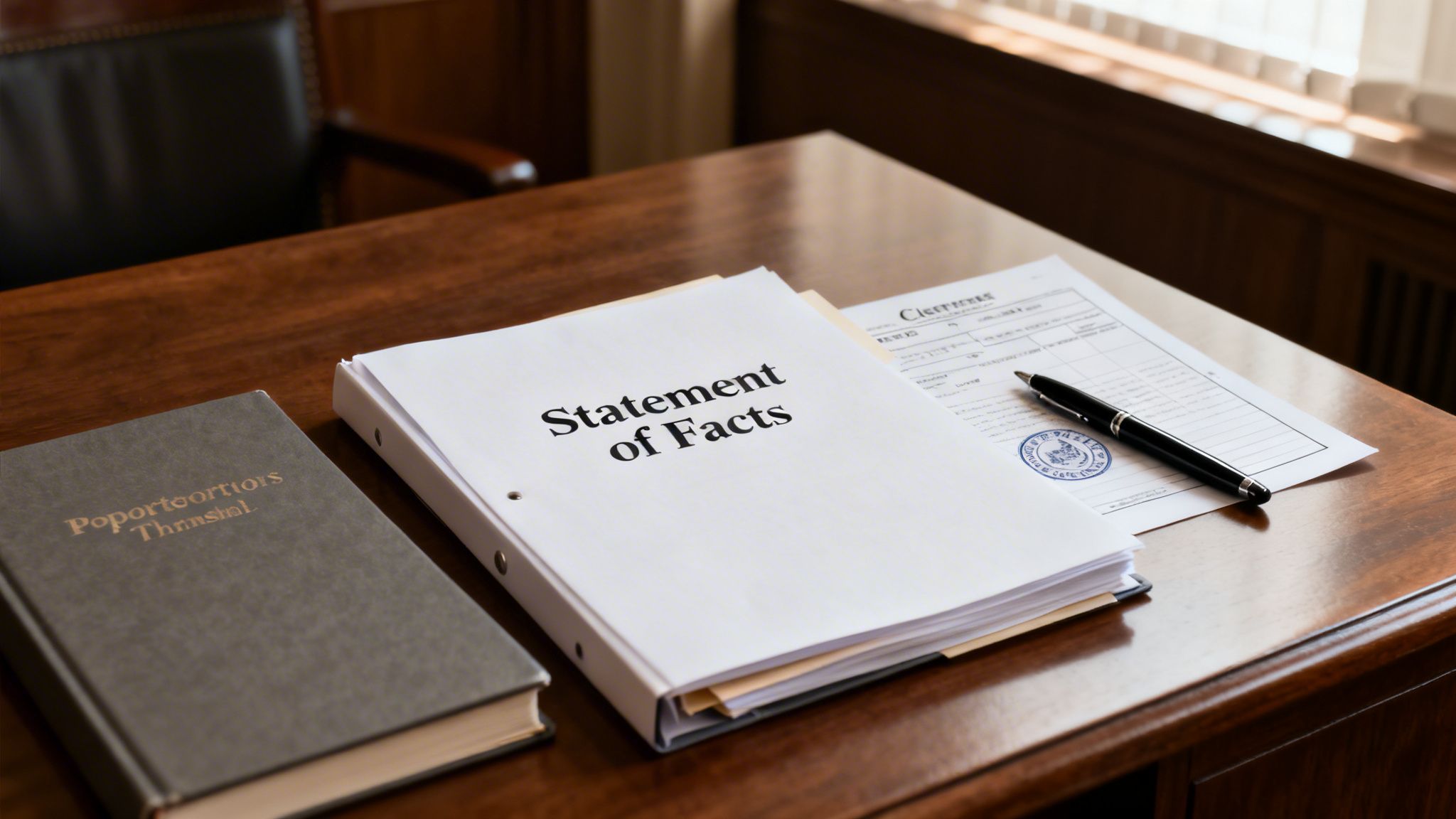 A legal desk with a document labeled 'Statement of Facts', a book, and a pen.