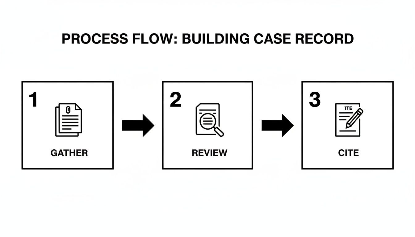A three-step process flow for building a case record: Gather, Review, and Cite.