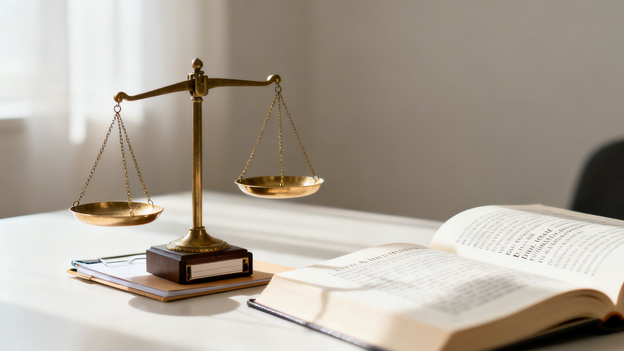A golden scale of justice on a white desk beside an open law book, symbolizing legal study.