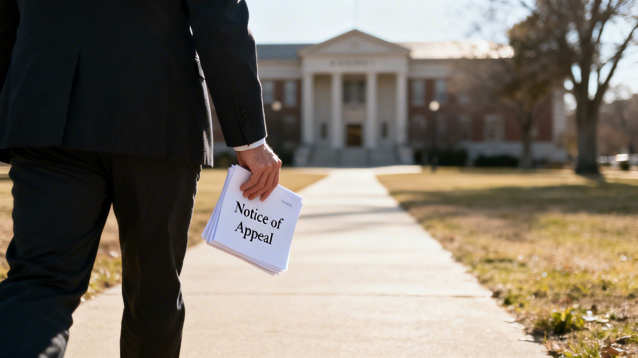 Person in a suit holding a 'Notice of Appeal' document walks towards a courthouse.