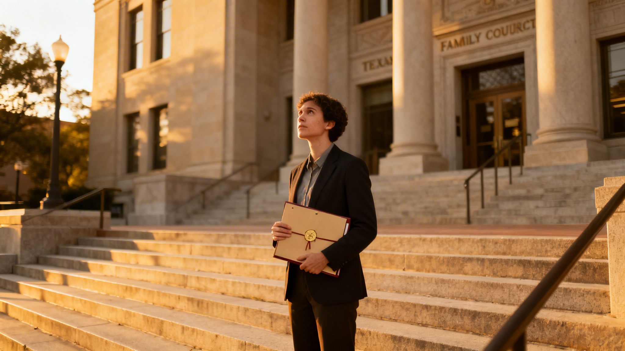 A young person in a suit stands on courthouse steps holding a folder at sunset, looking up.