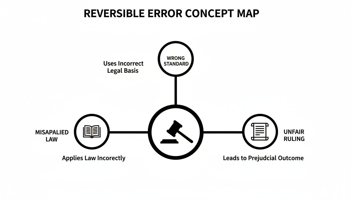 A concept map illustrating reversible error in legal judgments, showing wrong standards, misapplied law, and unfair rulings.