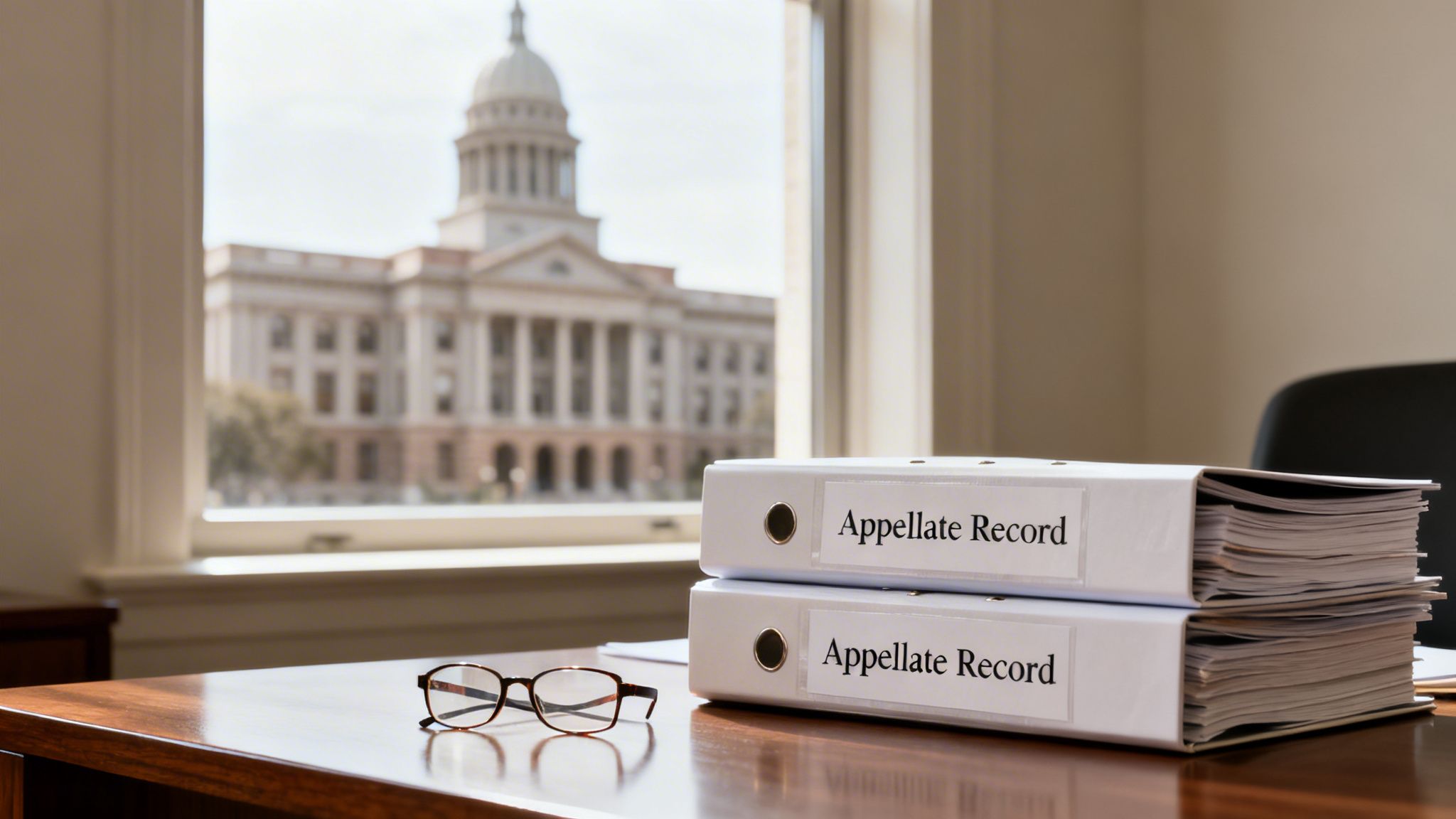 Two white binders labeled "Appellate Record" and glasses on a desk overlooking a government building.