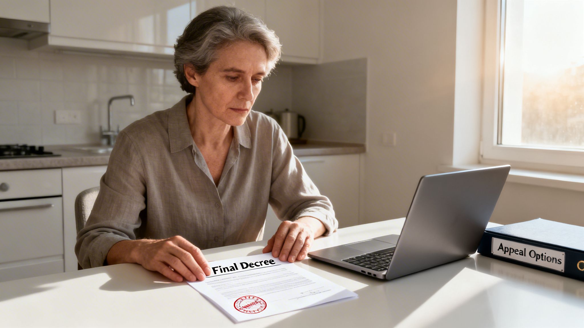 A woman looks at a 'Final Decree' document next to a laptop and 'Appeal Options' binder.