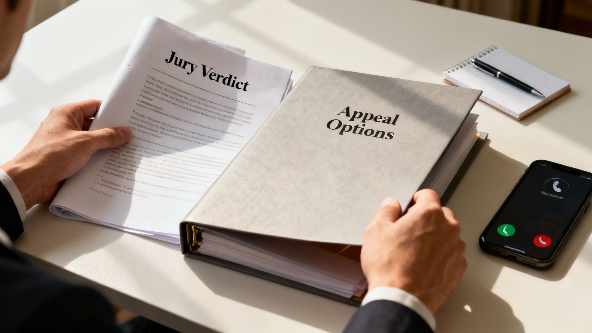 A person reviews a jury verdict document and an 'Appeal Options' binder on a desk.