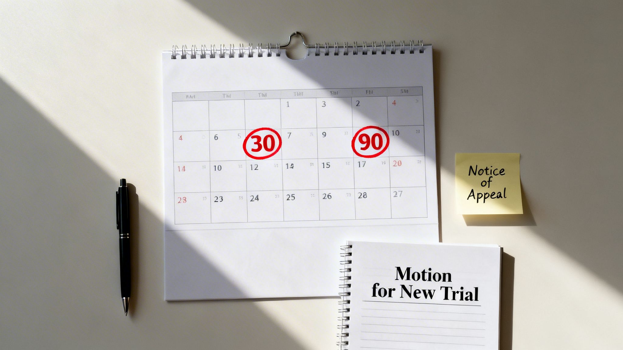 A calendar showing legal deadlines of 30 and 90 days, with notes for appeal and new trial.