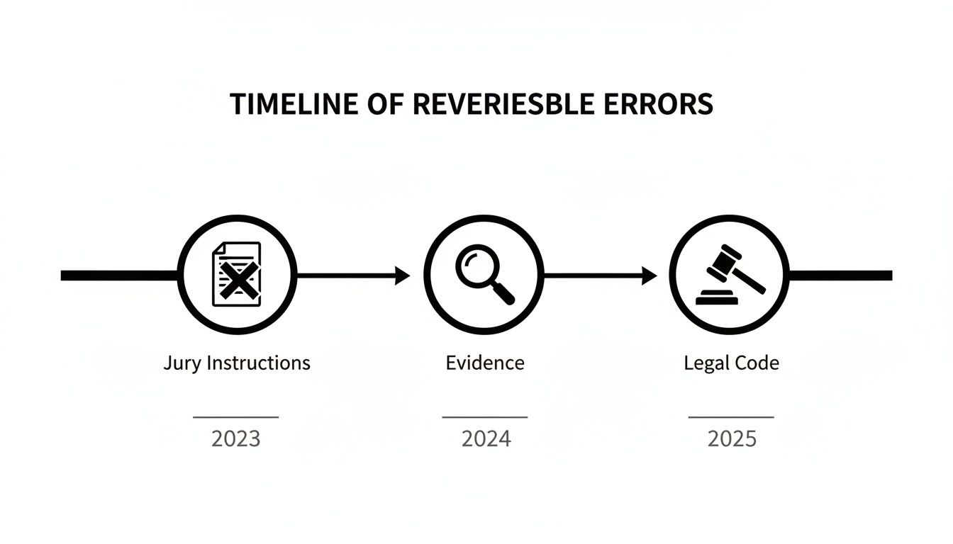 A timeline showing reversible errors in a legal process, including jury instructions (2023), evidence (2024), and legal code (2025).