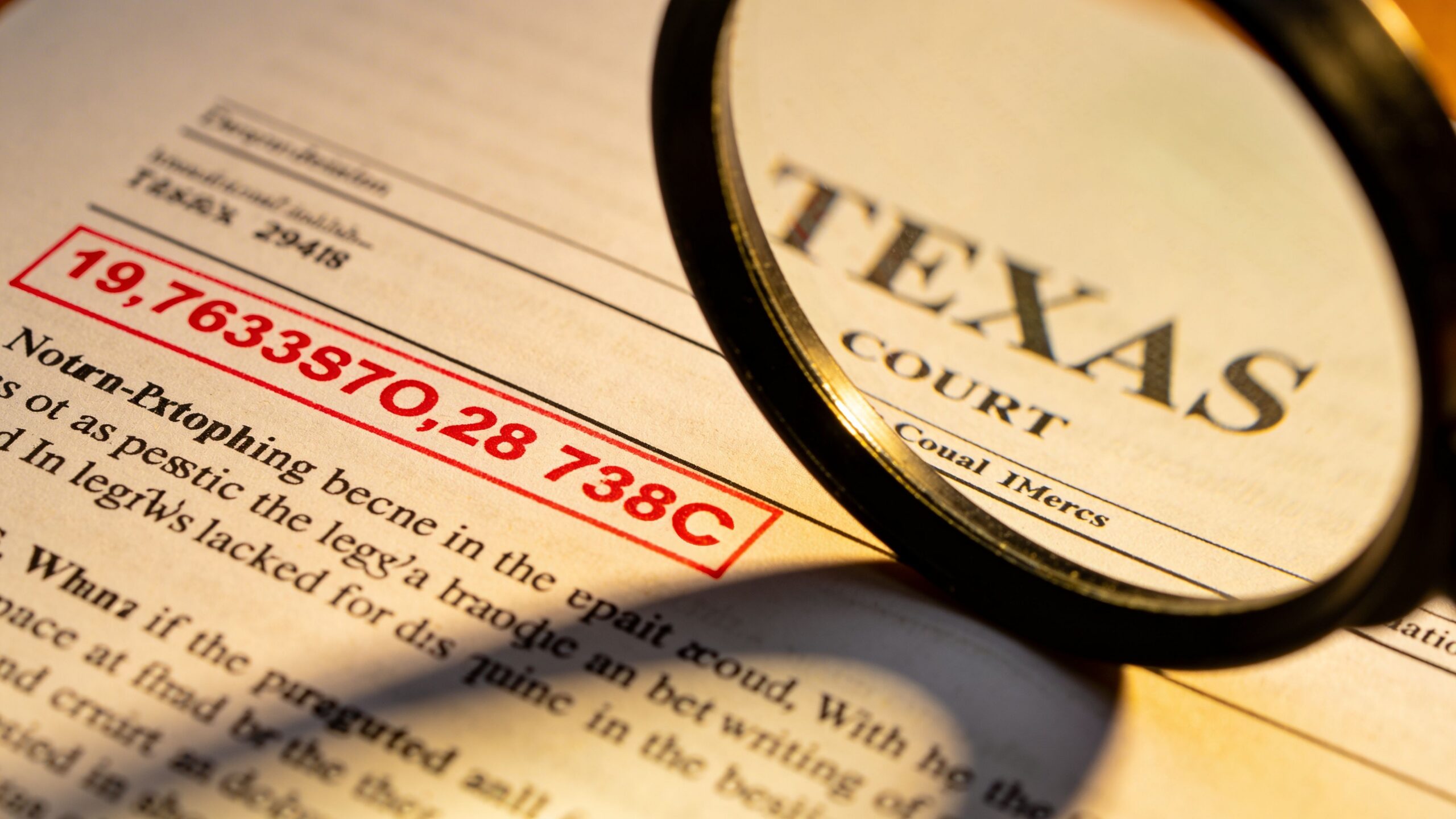 A magnifying glass focusing on a legal document featuring the text Texas Court and numbers.