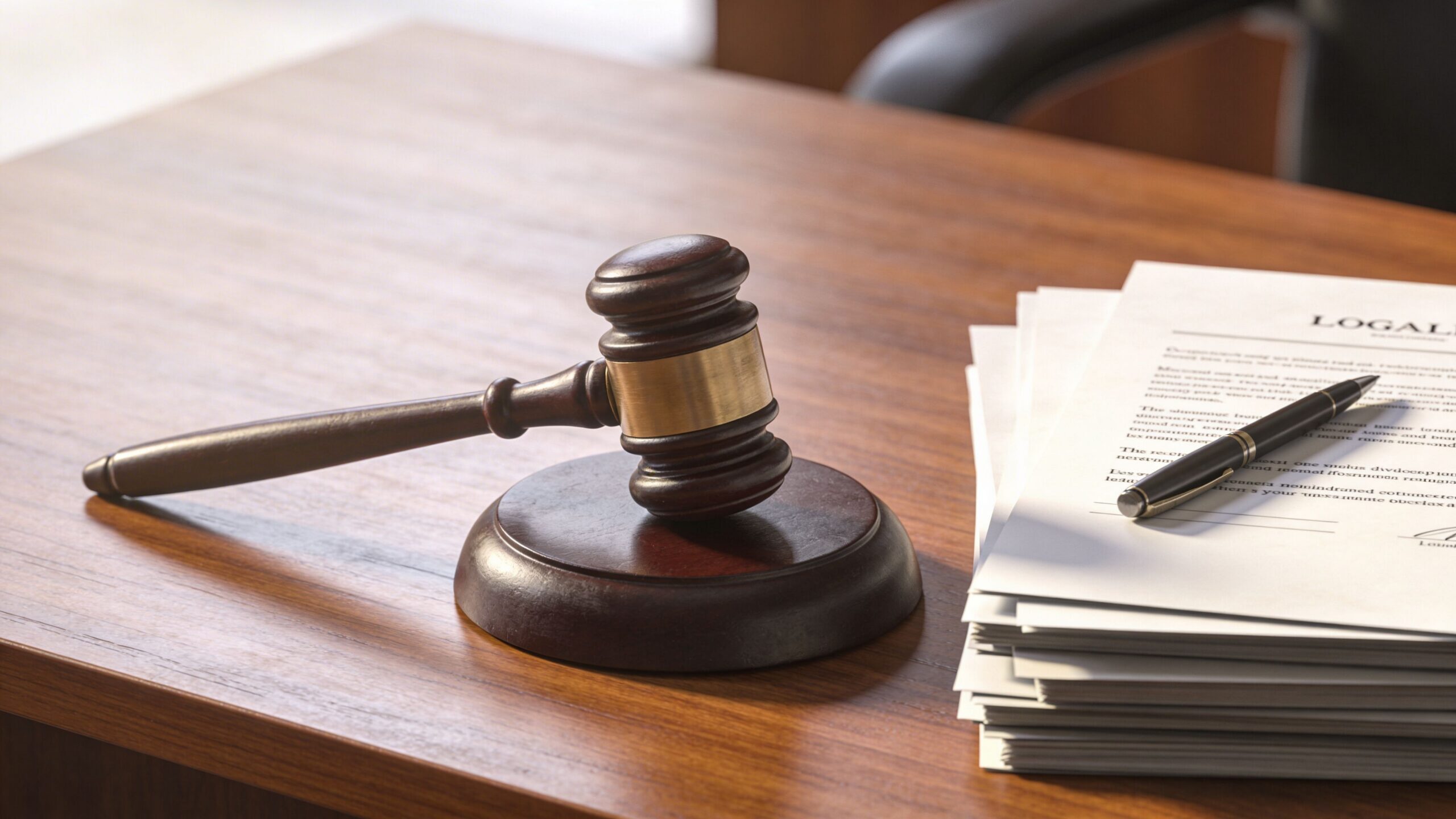 A wooden judge's gavel sits on a desk next to a stack of legal documents and a pen.