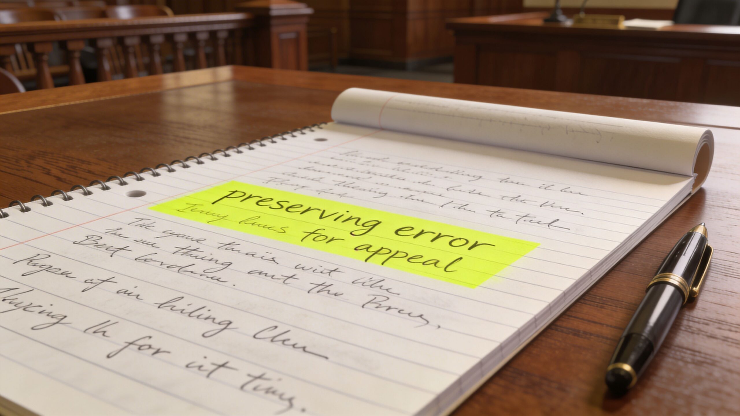 A notepad on a courtroom table with a yellow sticky note reading preserving error for appeal.