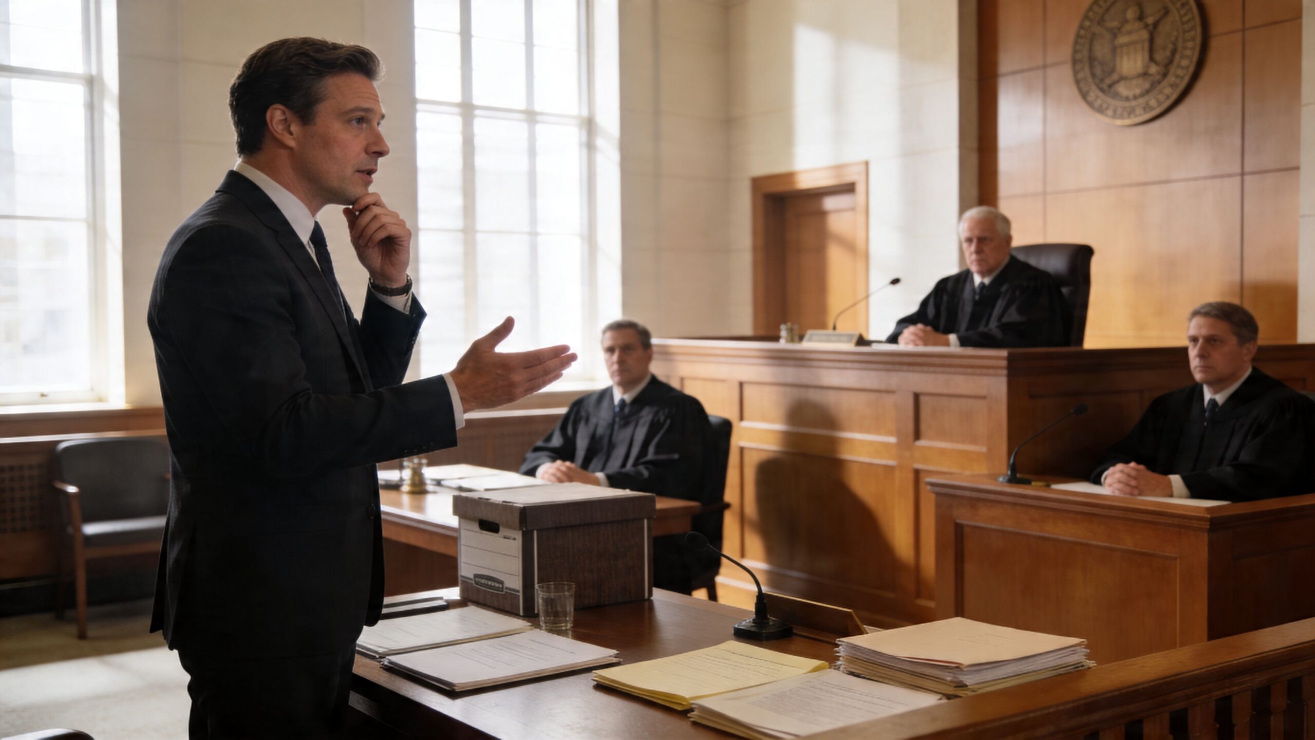 A lawyer presenting a case in a courtroom before a panel of judges in judicial robes.