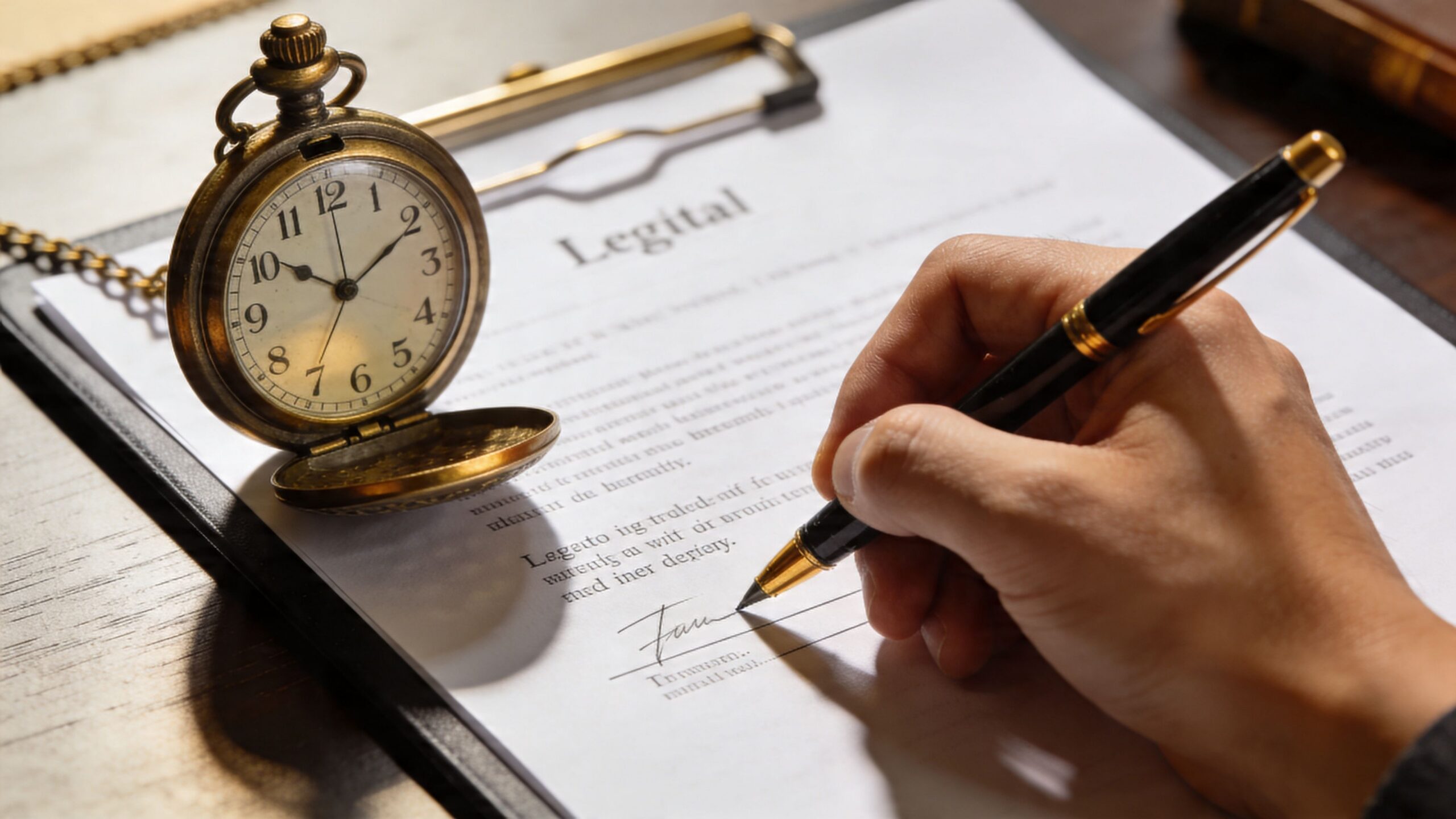 A hand signing a legal document on a clipboard next to an antique pocket watch.