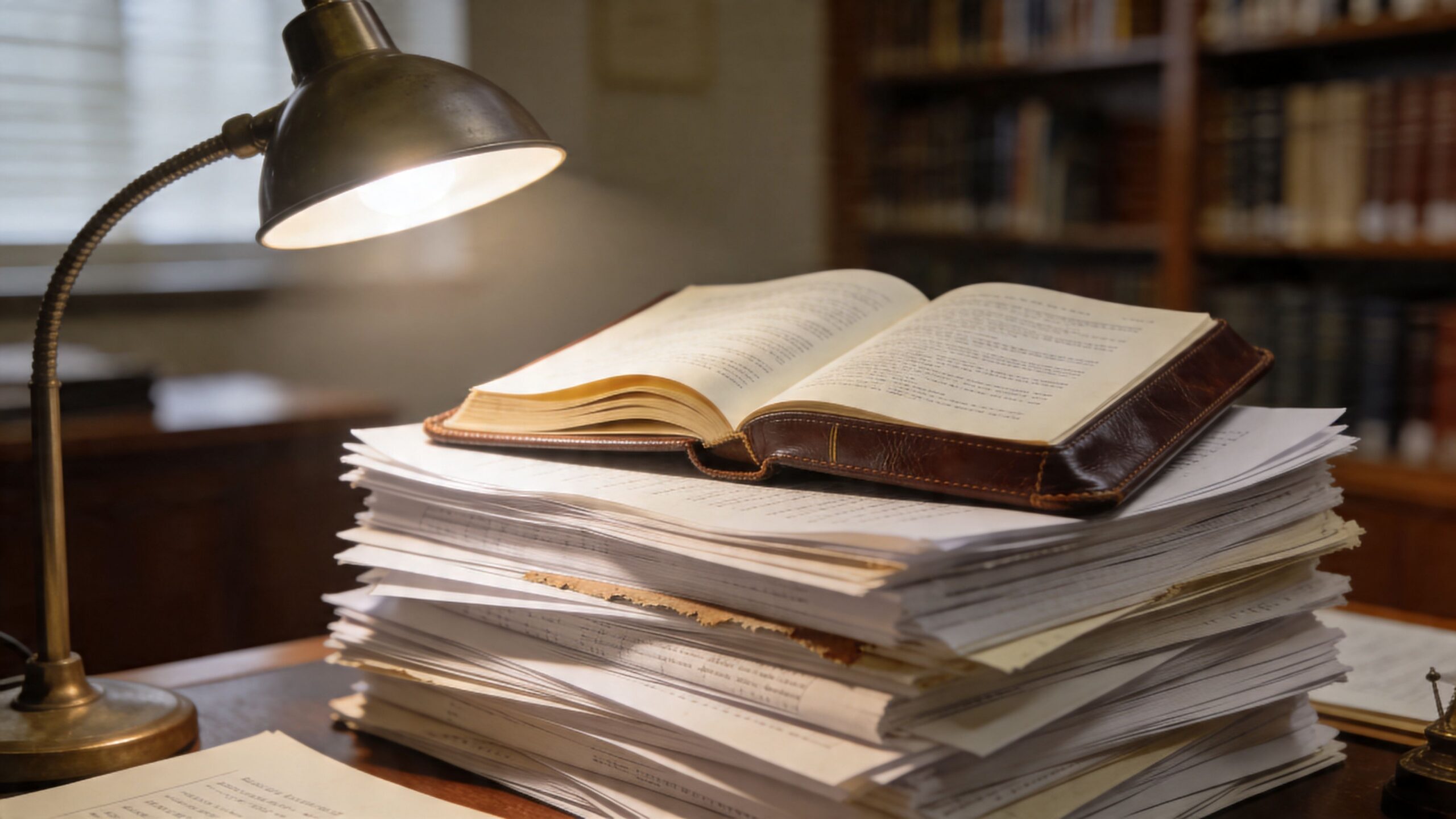 An open leather-bound book resting on a large stack of legal documents under a desk lamp.