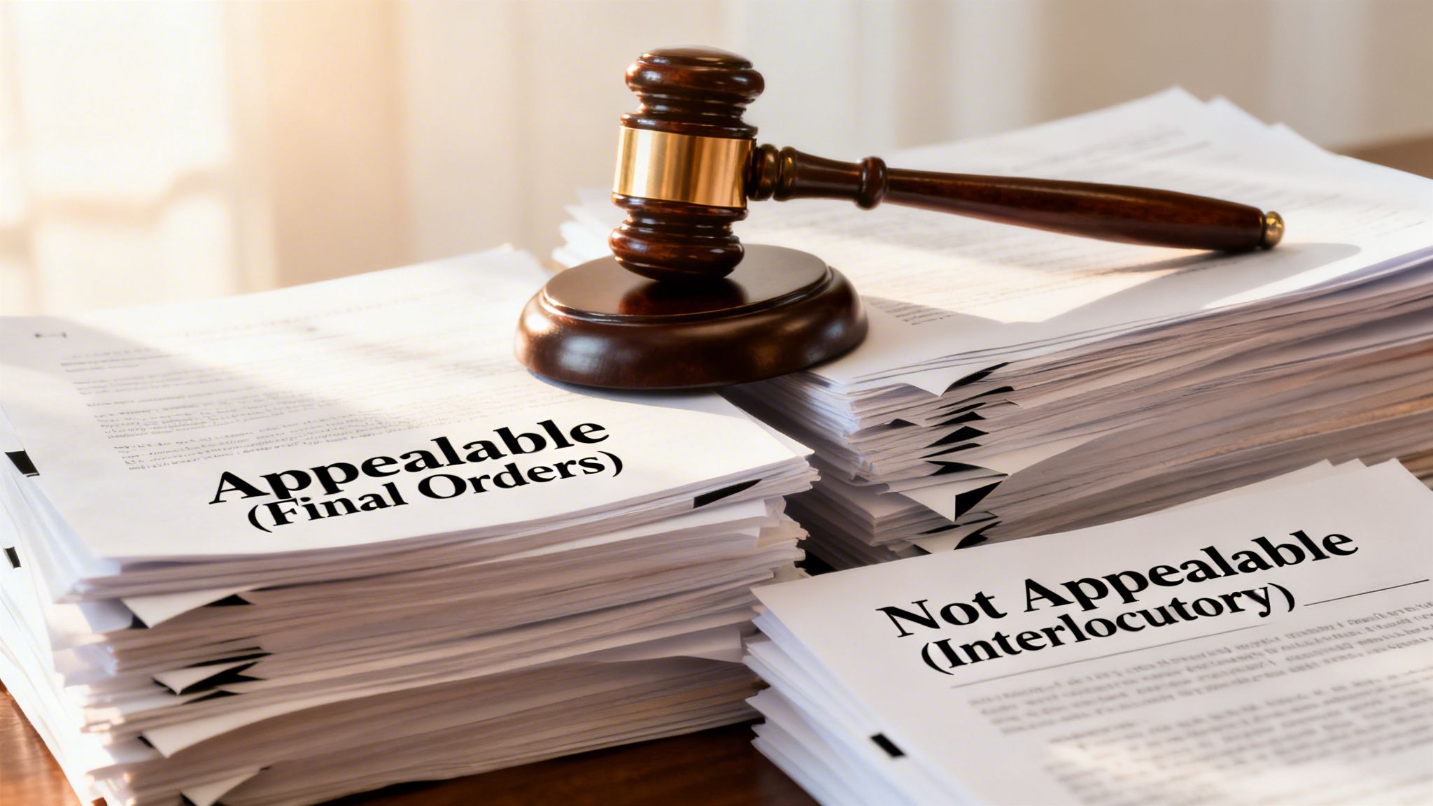 A wooden gavel resting on top of a stack of legal documents labeled as appealable and non-appealable.