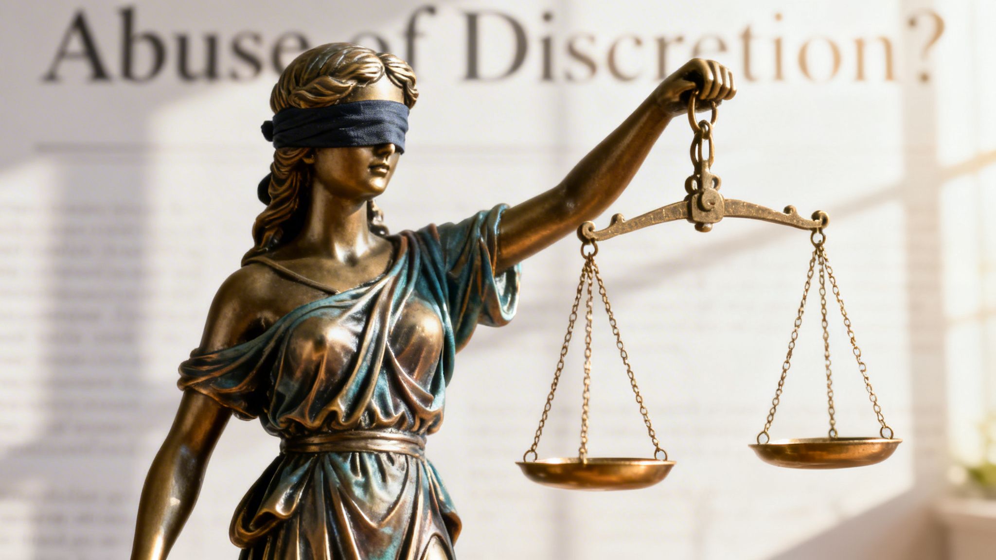 A classic bronze statue of Lady Justice holding a balanced set of scales in a courtroom setting.