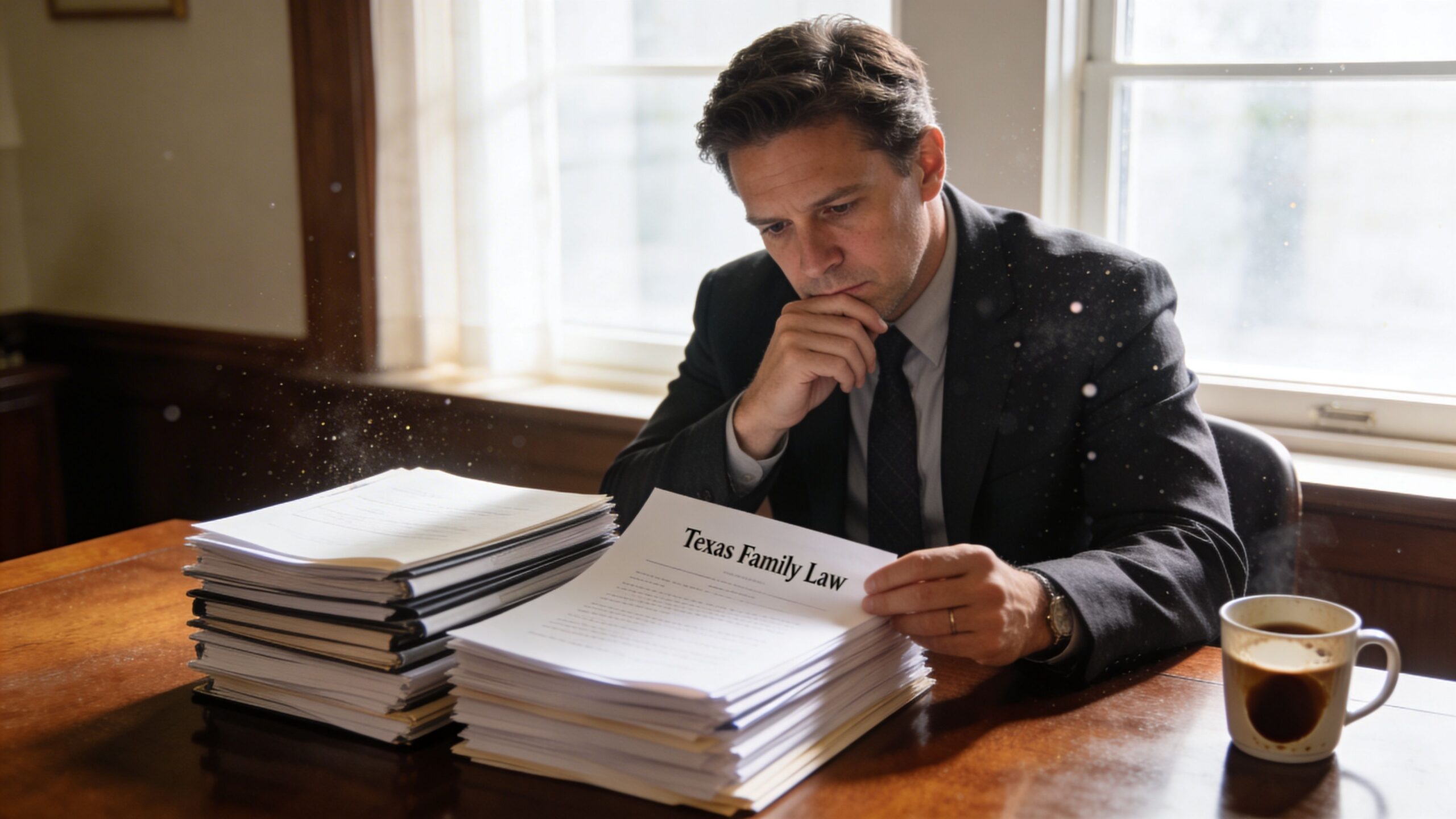 A focused lawyer in a suit reviewing a document titled Texas Family Law at his office desk.