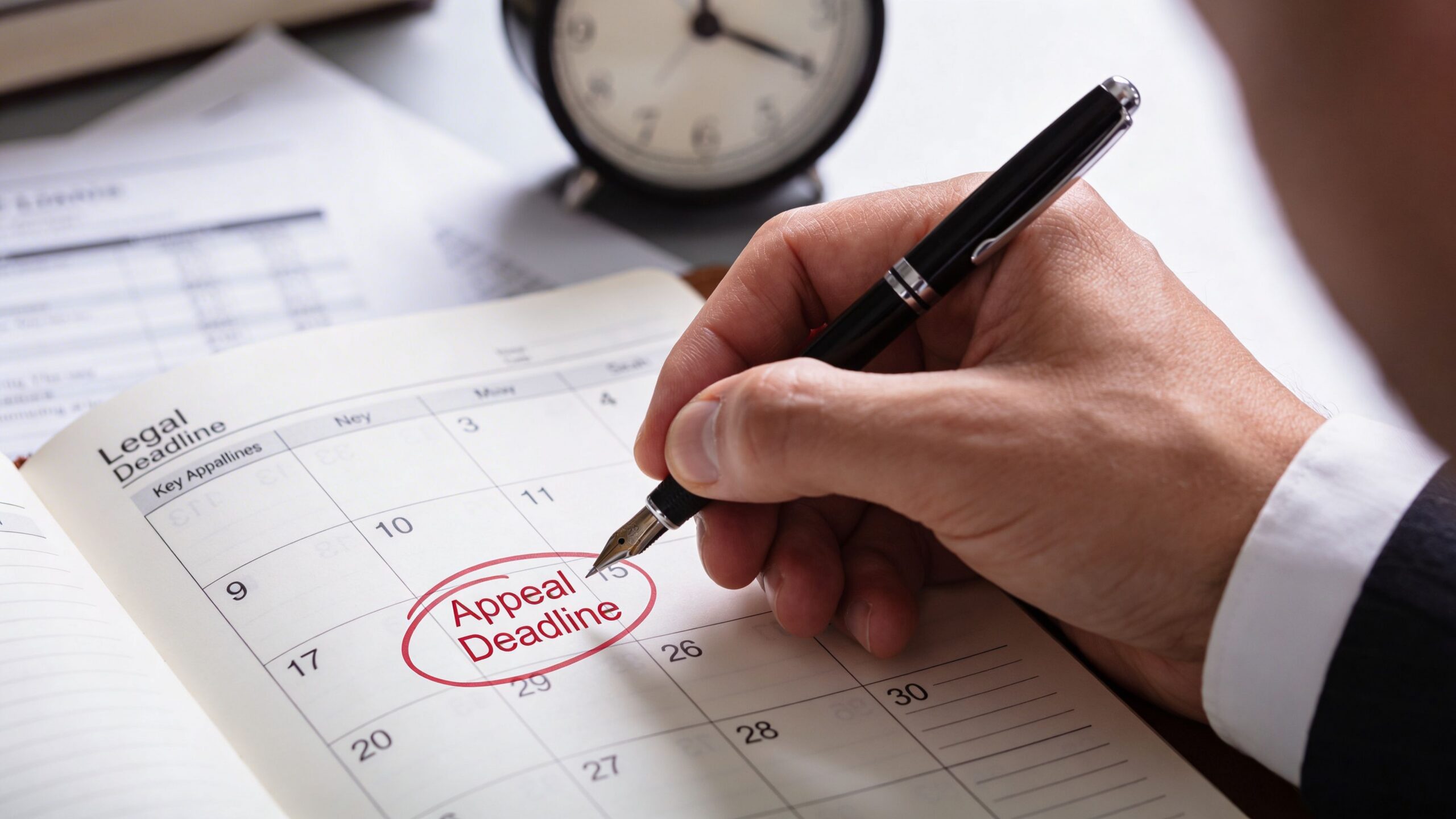 A professional marking an important appeal deadline on a calendar to prepare for legal proceedings.