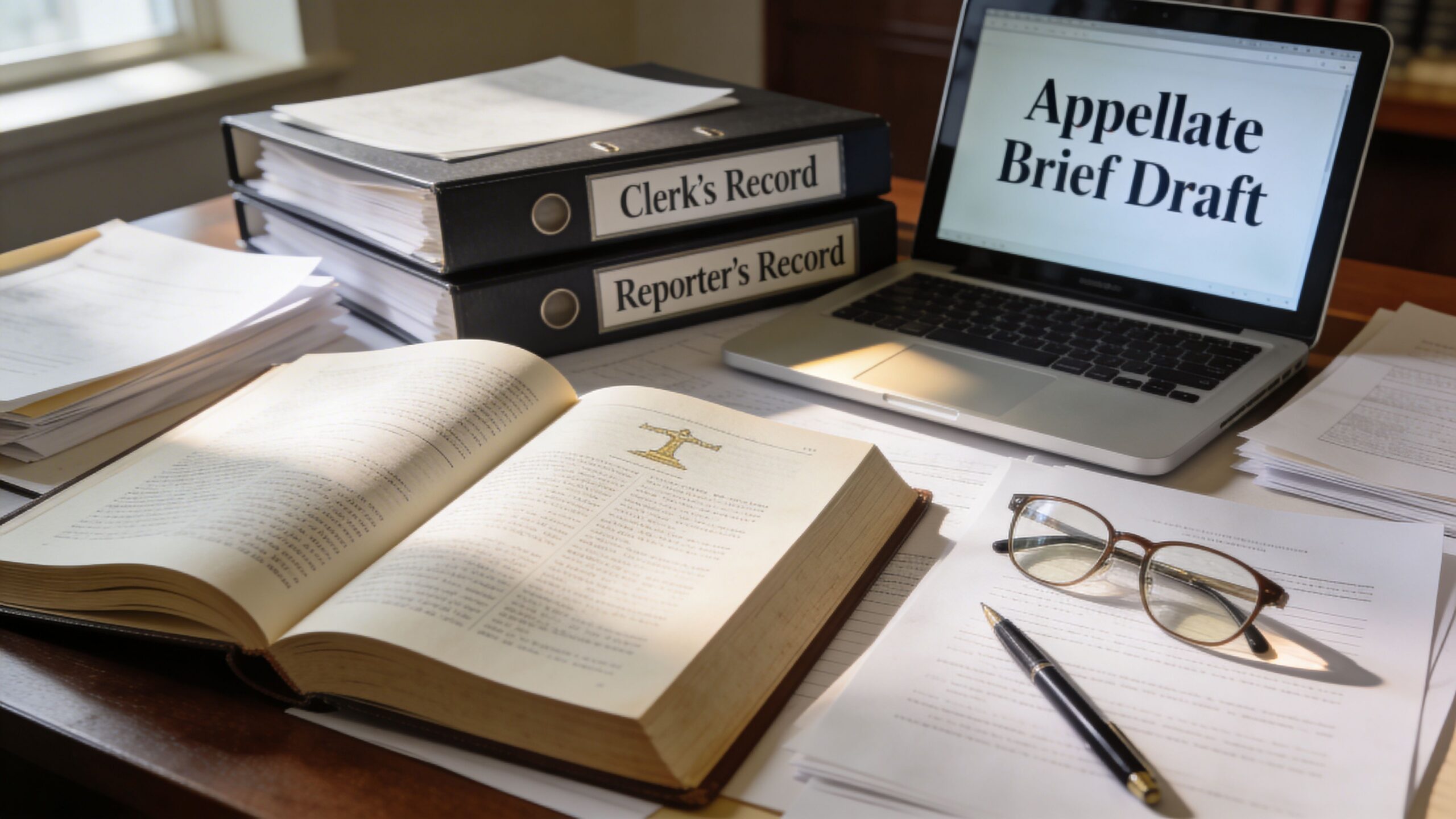 A legal workspace with binders, an open law book, a laptop showing appellate brief draft, and glasses.