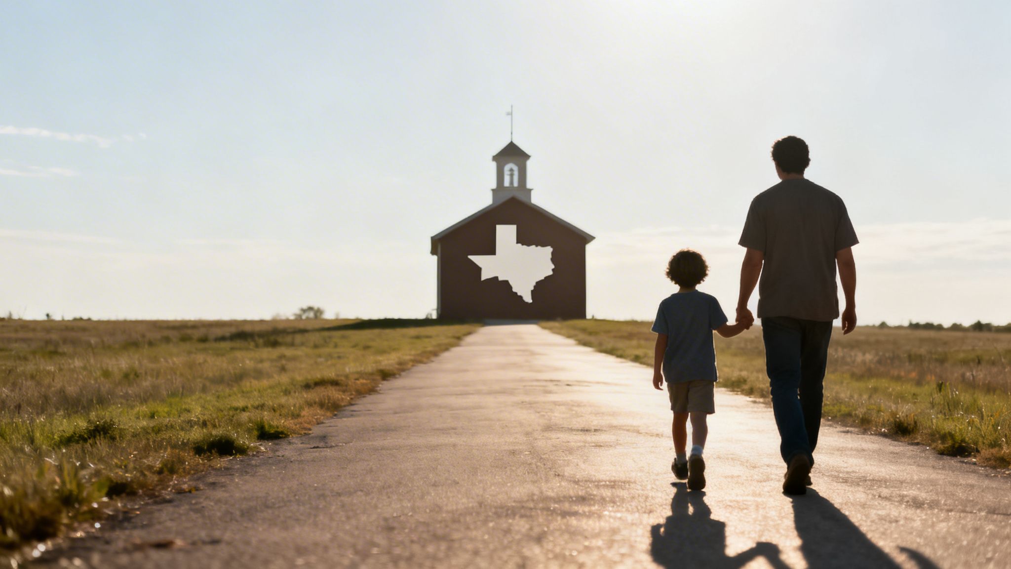 Father and son walk hand-in-hand on a road towards a Texas schoolhouse at sunset.