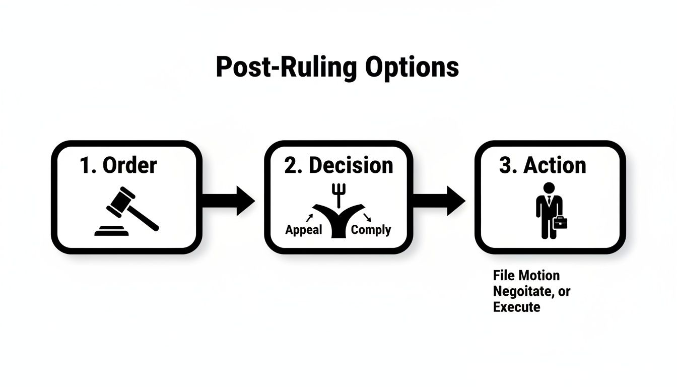 Flowchart illustrating post-ruling legal options: order, decision to appeal or comply, and subsequent action.